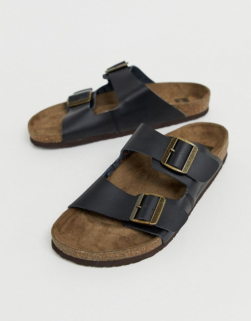 Jack & Jones Slip on Sandals With Leather Buckled Straps in Black