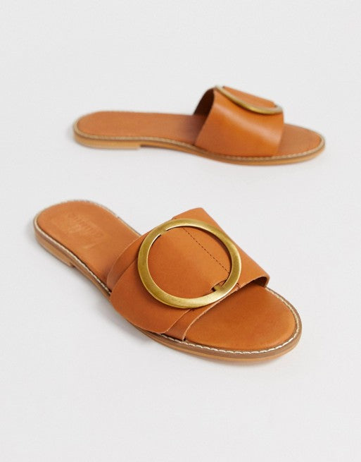 Warehouse Buckle Detail Mule in Tan Leather