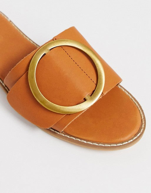 Warehouse Buckle Detail Mule in Tan Leather