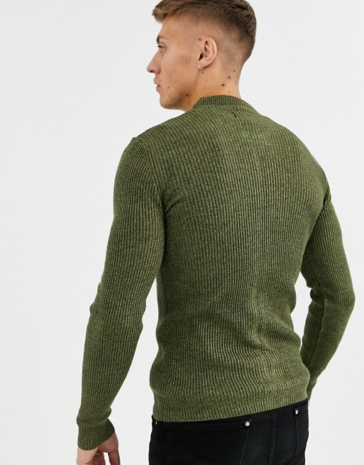 Knitted Ribbed Bomber in Khaki