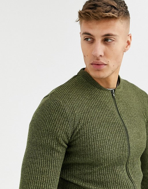 Knitted Ribbed Bomber in Khaki