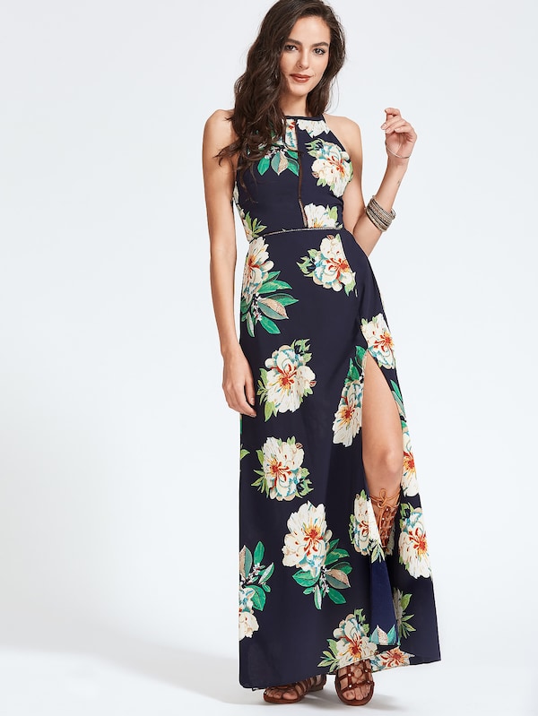 High Split Floral Halterneck Maxi Dress