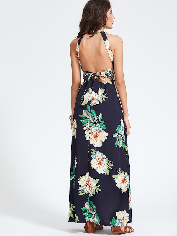 High Split Floral Halterneck Maxi Dress