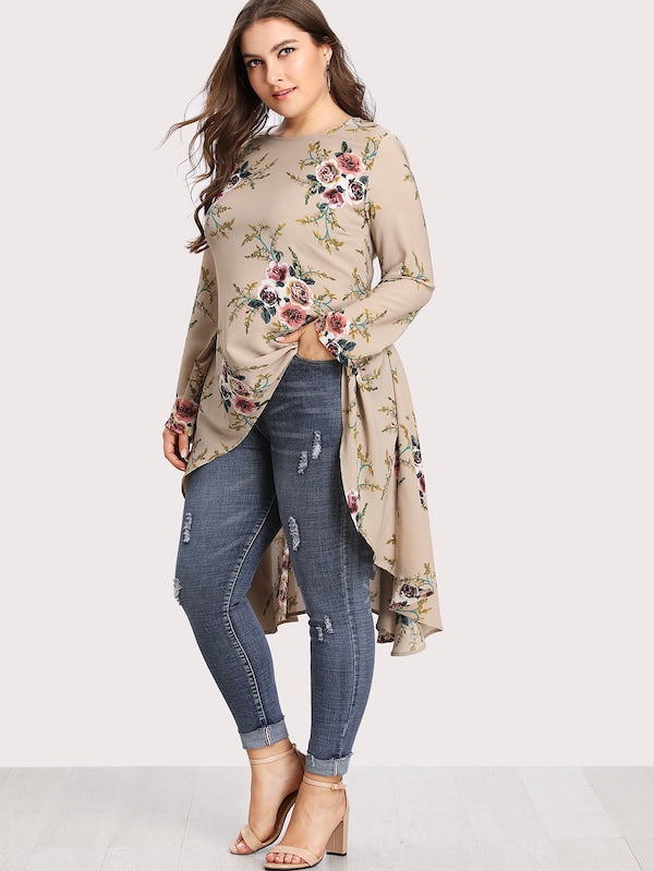 Plus Size Botanical Print Dip Hem Blouse