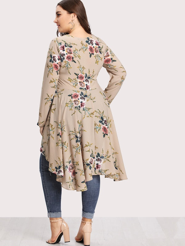 Plus Size Botanical Print Dip Hem Blouse