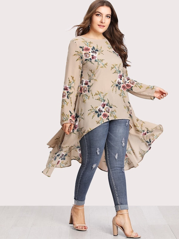 Plus Size Botanical Print Dip Hem Blouse