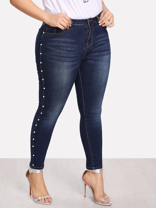 Plus Size Pearl Detail Bleach Wash Jeans