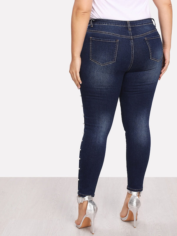 Plus Size Pearl Detail Bleach Wash Jeans