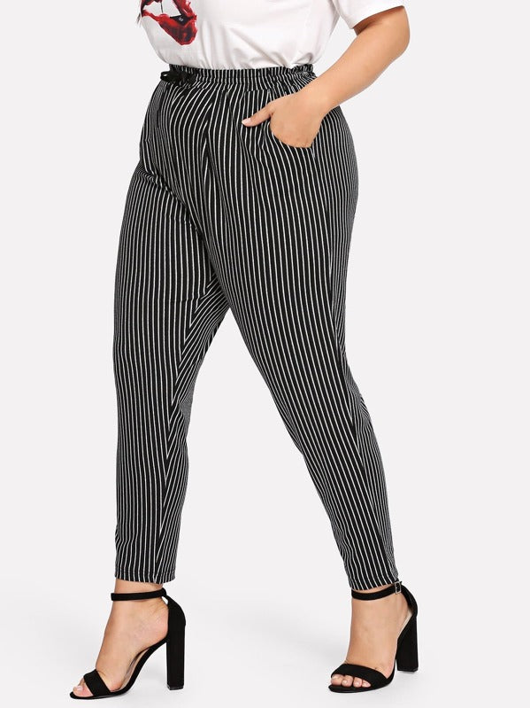 Plus Striped Drawstring Pocket Trousers