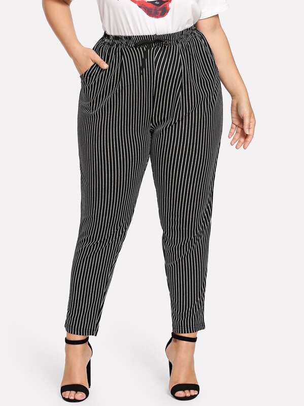 Plus Striped Drawstring Pocket Trousers