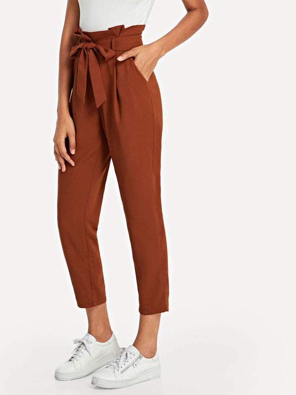 Ruffle Detail Belted Pleated Trousers