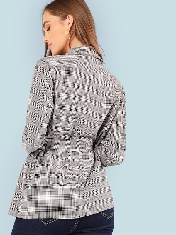 Notched Neck Belted Plaid Blazer