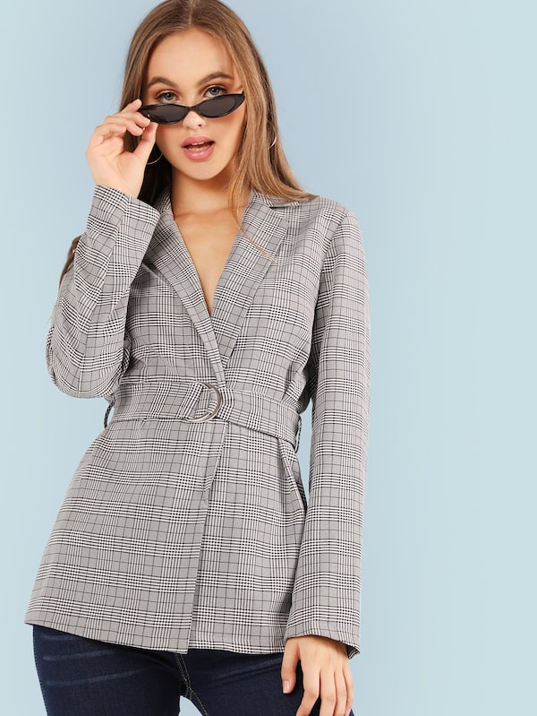 Notched Neck Belted Plaid Blazer