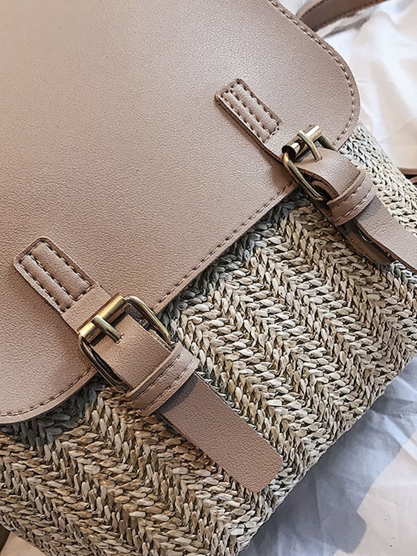 Double Buckle Straw Backpack