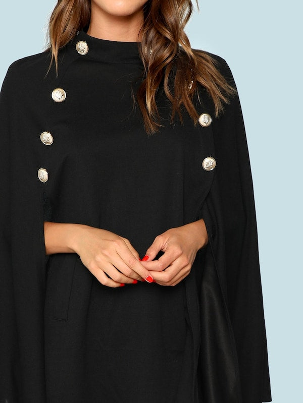 Double Button Mock Black Poncho Coat