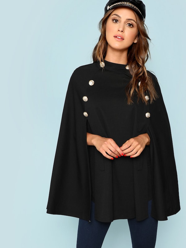 Double Button Mock Black Poncho Coat