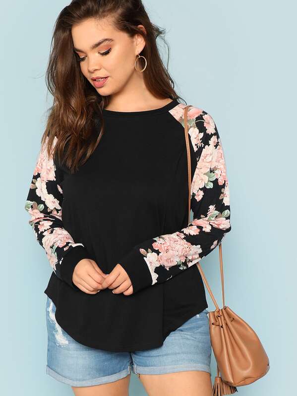 Plus Round Neck Floral Raglan Sleeve Top