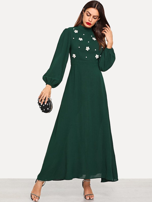 Flower Applique Lantern Sleeve Dress