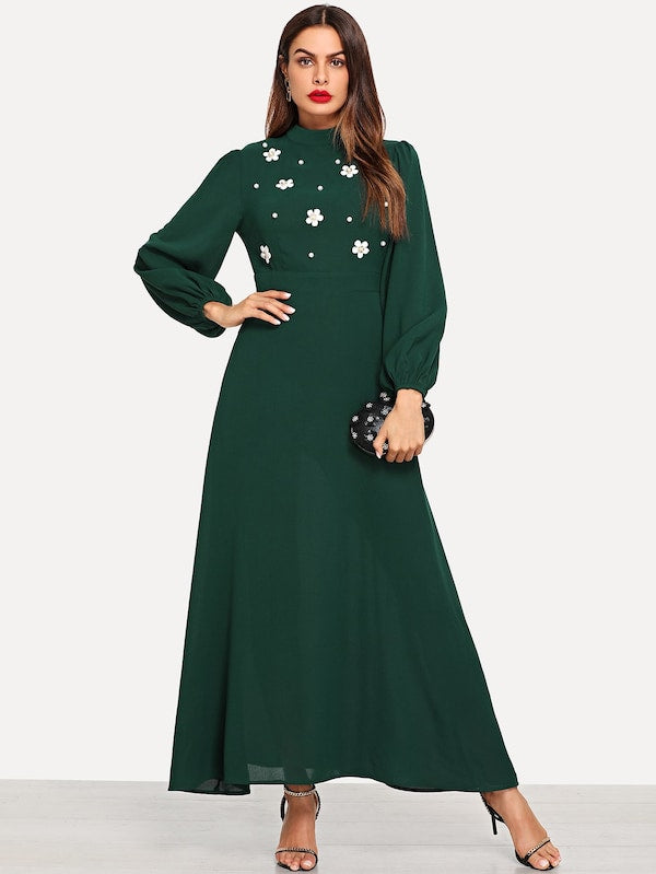 Flower Applique Lantern Sleeve Dress