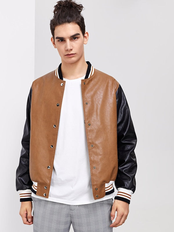 Men Press Button Up PU Bomber Jacket