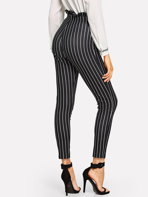 Frill Trim Bow Tie Waist Striped Trousers