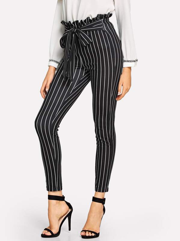 Frill Trim Bow Tie Waist Striped Trousers