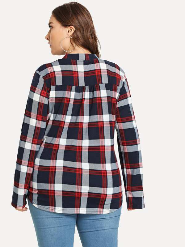 Plus V-Neck Plaid Blouse