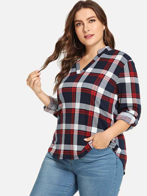 Plus V-Neck Plaid Blouse