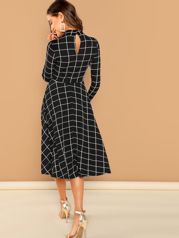 Mock-Neck Grid Flare Midi Dress