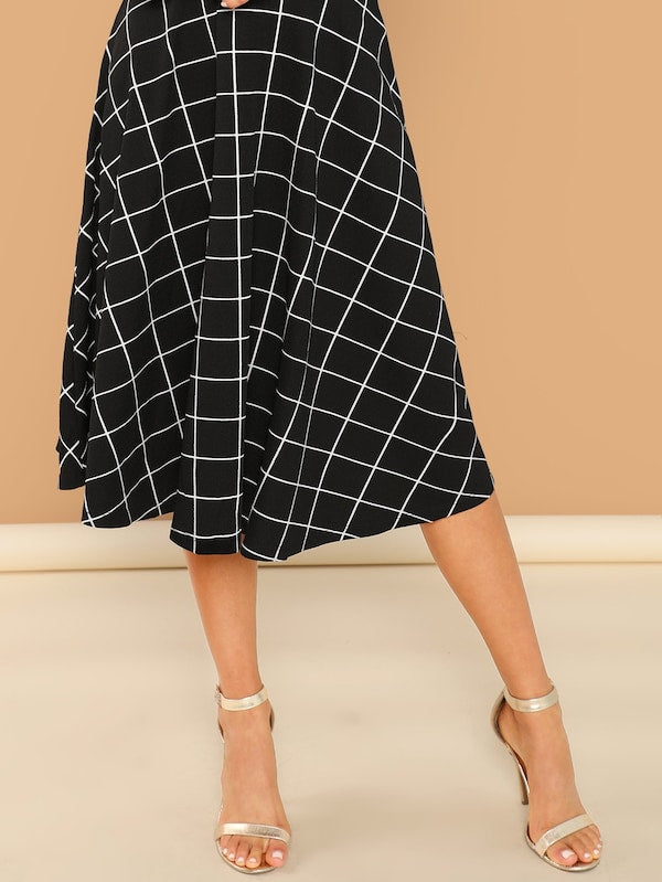 Mock-Neck Grid Flare Midi Dress