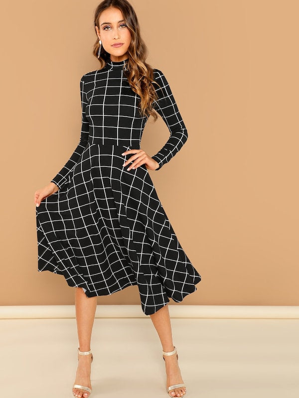 Mock-Neck Grid Flare Midi Dress