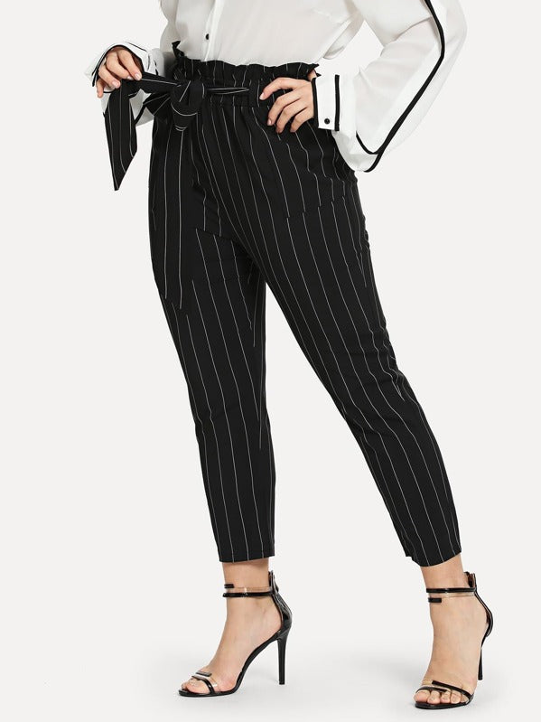 Plus Striped Self Tie Waist Trousers