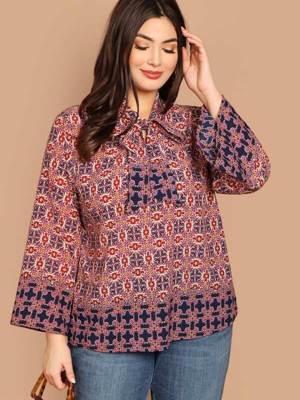 Plus Pussy Bow Scarf Print Bell Sleeve Top