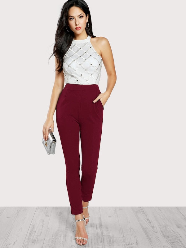 Zip Back Halter Backless Pocket Jumpsuit