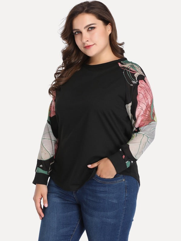 Plus Floral Print Sleeve Contrast Curved Hem Top