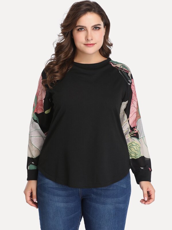 Plus Floral Print Sleeve Contrast Curved Hem Top