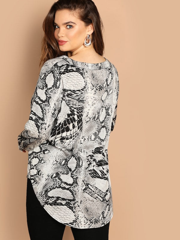 Plus Size V-Cut Neck Snake Skin Print Blouse