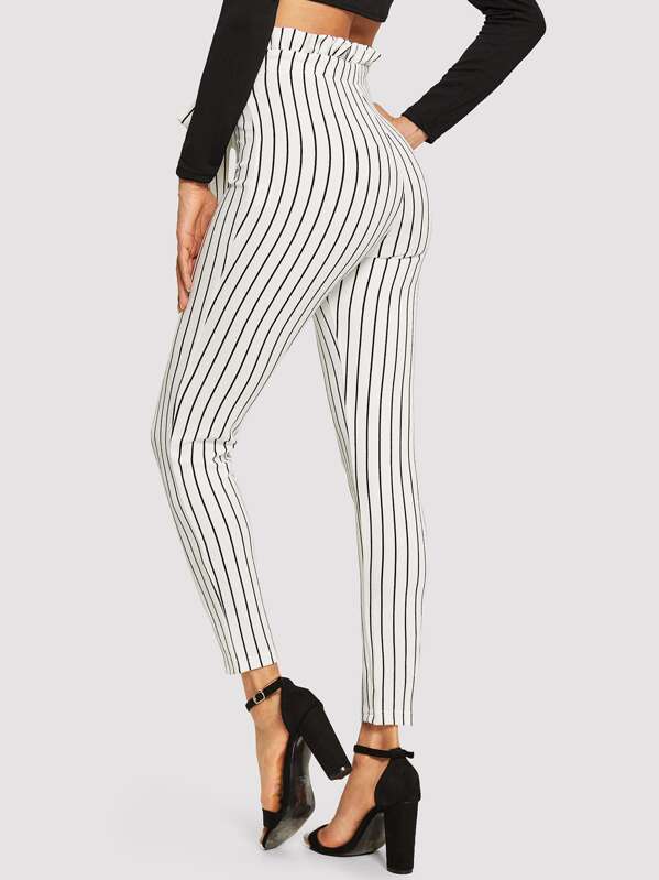 Frill Trim Bow Tie Waist Striped White Trousers