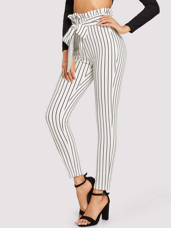 Frill Trim Bow Tie Waist Striped White Trousers