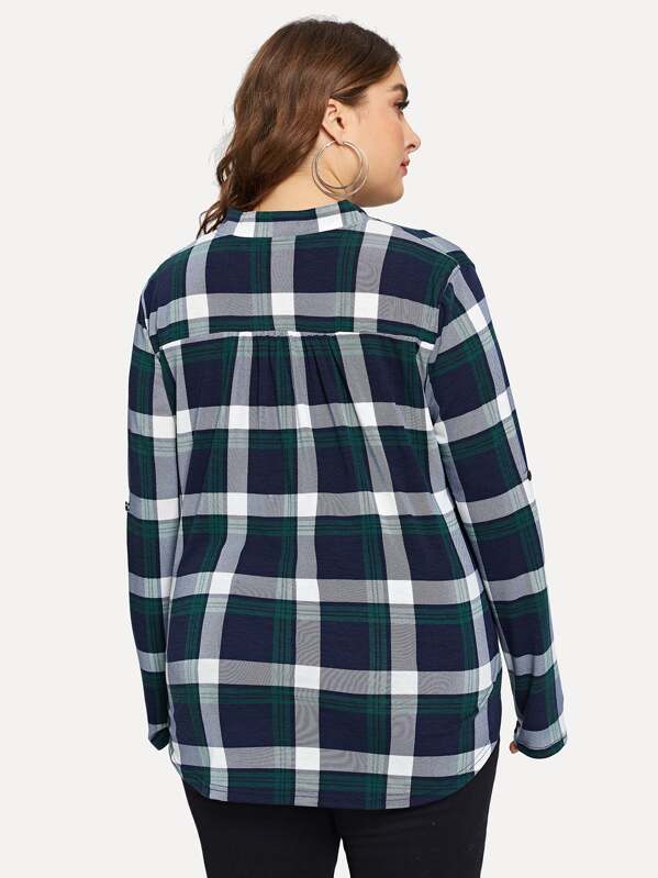 Plus Plaid V-Neck Navy Blouse