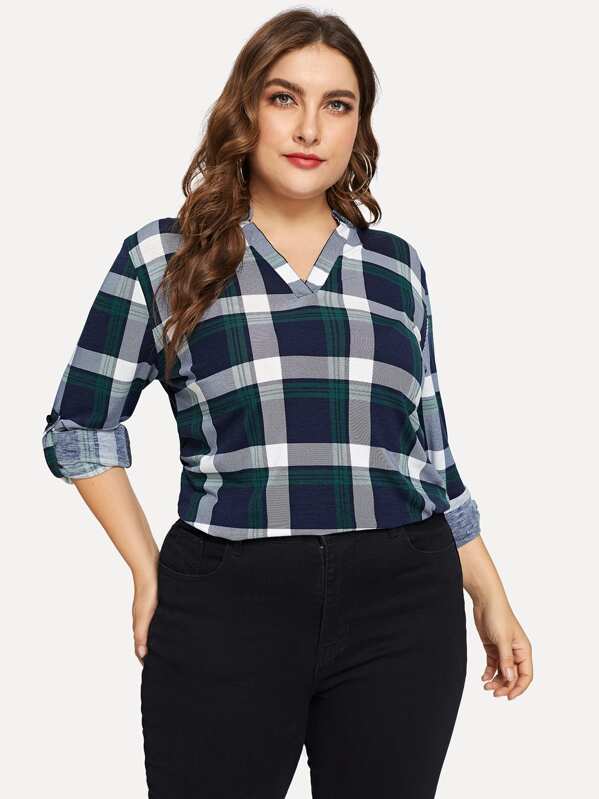 Plus Plaid V-Neck Navy Blouse