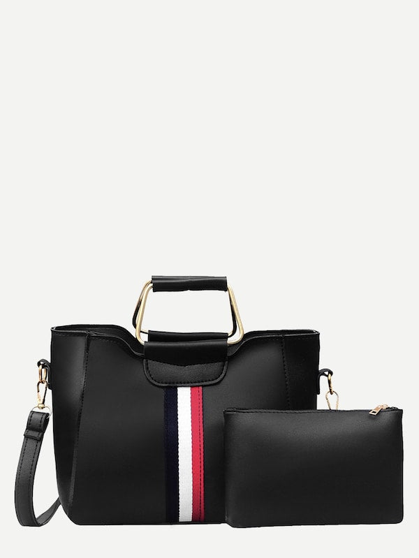 Striped Detail Satchel Bag With Clutch