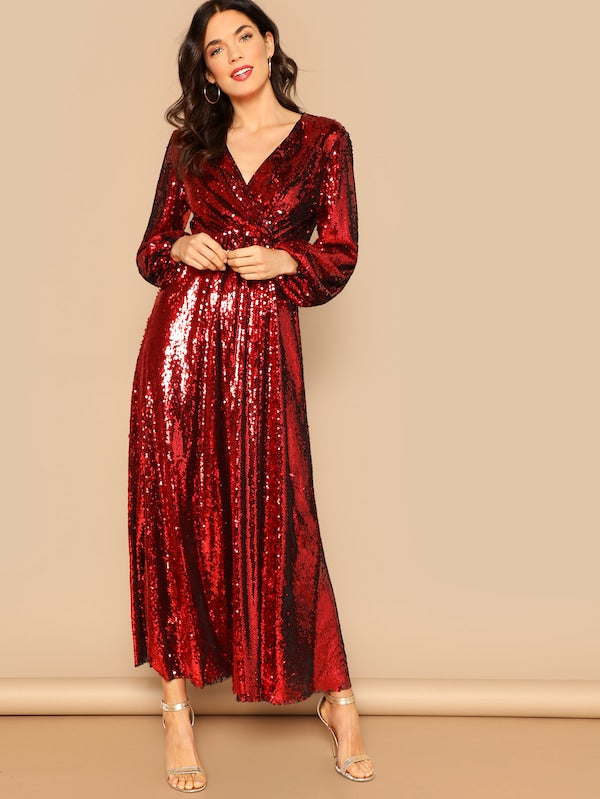 Wrap Front Lantern Sleeve Sequin Dress