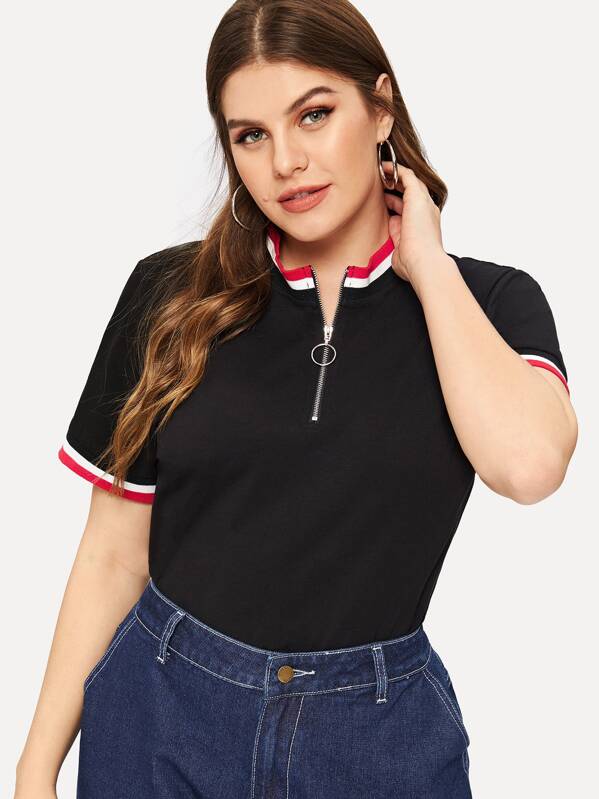 Plus O-Ring Zip Up Striped Ringer Tee