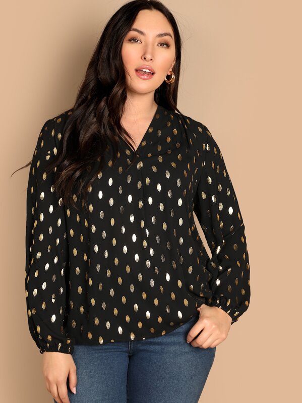 Plus V Neck Polka-Dot Print Top