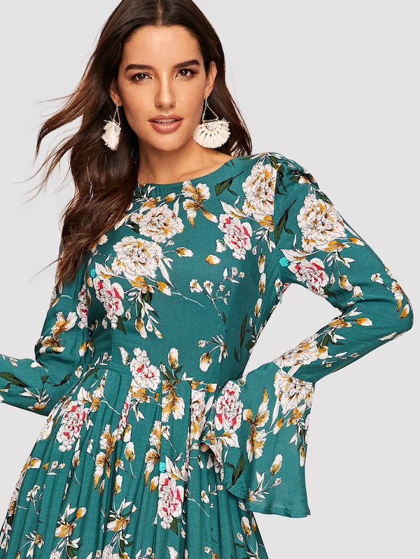 Trumpet Sleeve Floral Maxi Dress