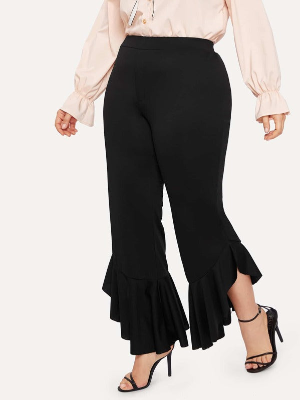 Plus Elastic Waist Contrast Ruffle Hem Trousers