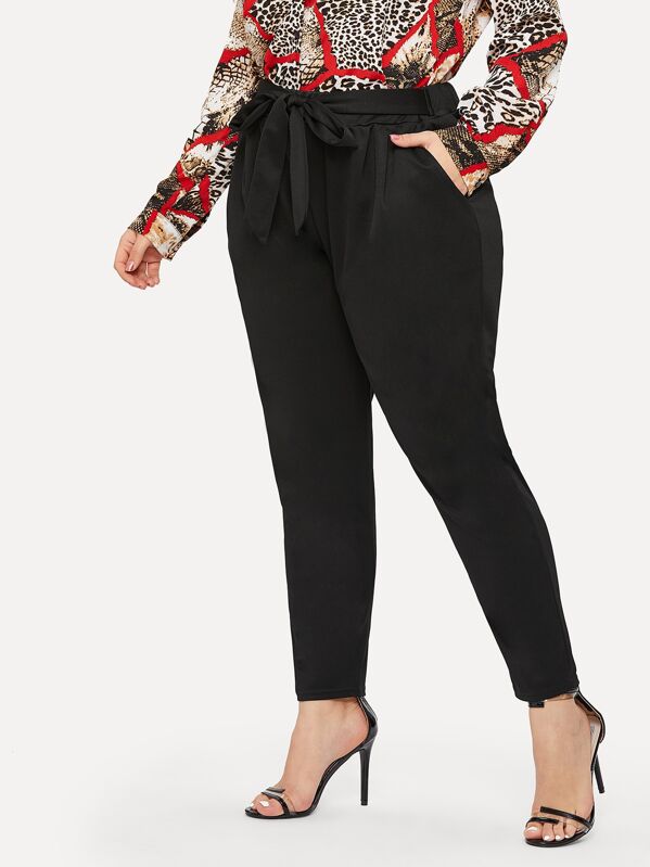 Plus Solid Self-Tie Waist Trousers