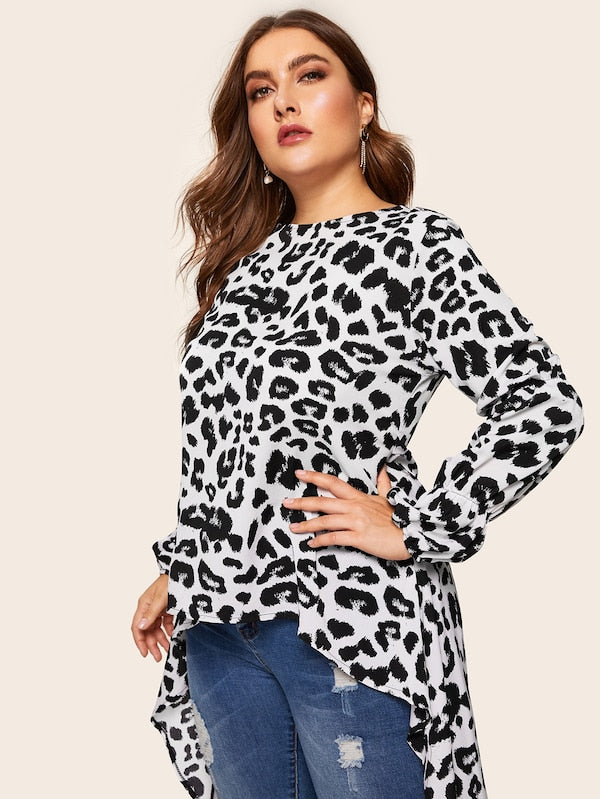 Plus Dip Hem Leopard Print Blouse