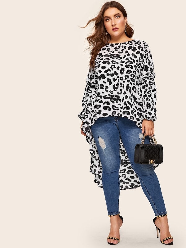 Plus Dip Hem Leopard Print Blouse